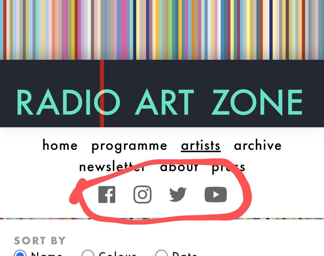 Screenshot from the Radio "Art" Zone (why not Radio "Commerce" Zone?) highlighting their prominently placed (right below the top) social Media Icons: Facebook, Instagram, Twitter, YouTube. Yeah, that's it. In 2023.